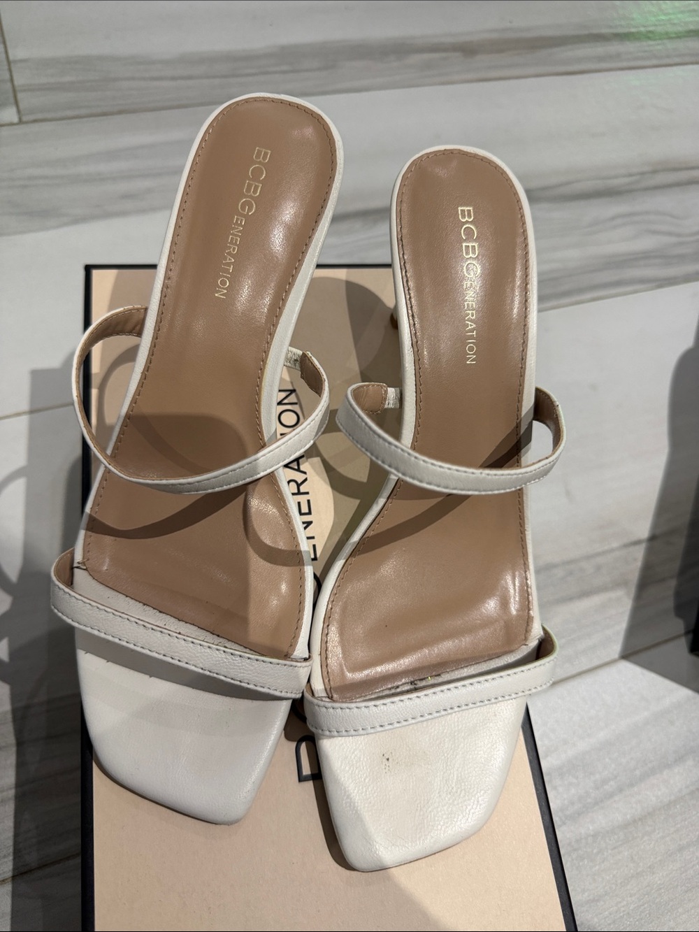 BCBGeneration White Double-Strap Square-Toe Heels